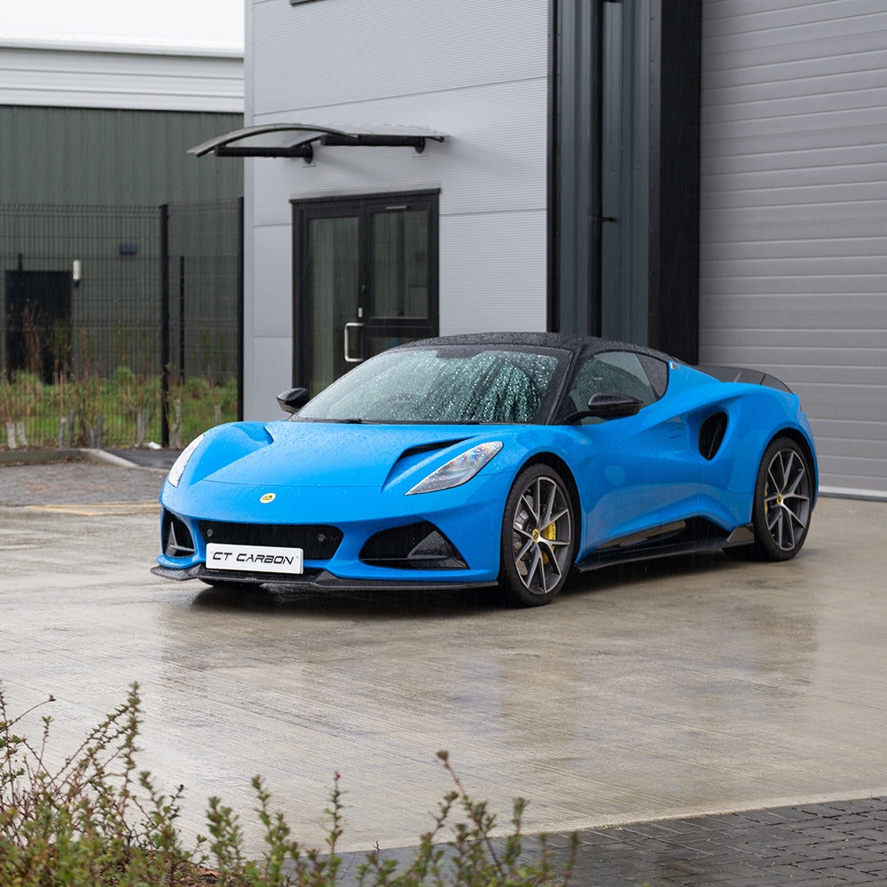 Lotus Emira 2022+ Carbon Fibre/Carbon Fiber Body Kit by CT Design - Full Aero/Aerodynamic Package (Carbon Pack): Dry Pre-Preg Front Lip Splitter, Side Skirts, Rear Diffuser & Lip Spoiler - OEM+ Performance Styling Upgrade