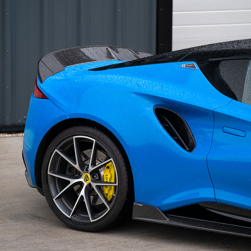 Lotus Emira 2022+ Carbon Fibre/Carbon Fiber Body Kit by CT Design - Full Aero/Aerodynamic Package (Carbon Pack): Dry Pre-Preg Front Lip Splitter, Side Skirts, Rear Diffuser & Lip Spoiler - OEM+ Performance Styling Upgrade