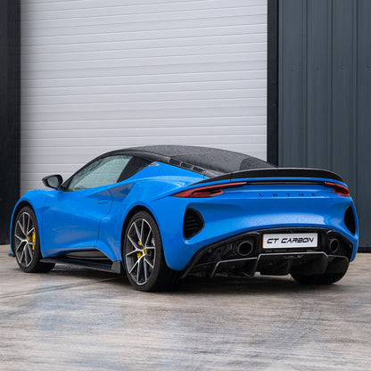 Lotus Emira 2022+ Carbon Fibre/Carbon Fiber Body Kit by CT Design - Full Aero/Aerodynamic Package (Carbon Pack): Dry Pre-Preg Front Lip Splitter, Side Skirts, Rear Diffuser & Lip Spoiler - OEM+ Performance Styling Upgrade