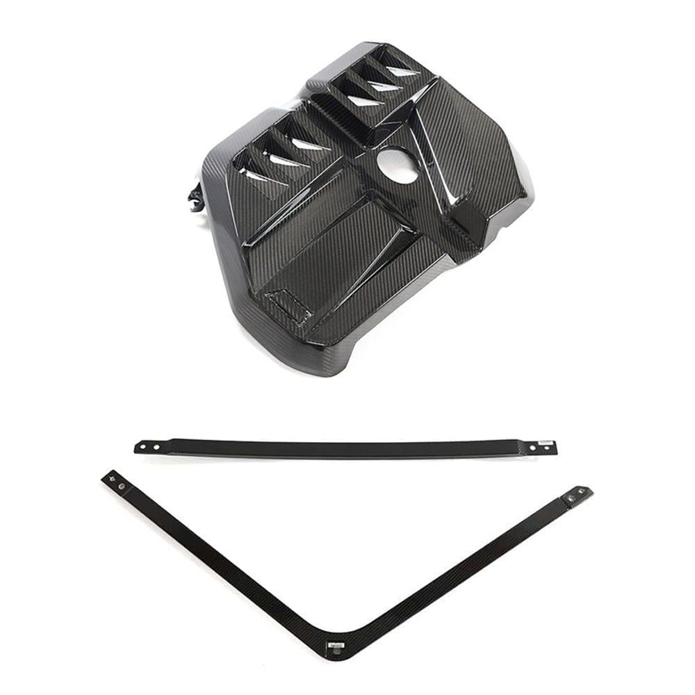 BMW M2 G87, M3 G80/G81 & M4 G82/G83 S58 Carbon Fibre/Fiber Engine Bay Carbon Pack/Dress Up Kit V2 - Engine Cover + Strut Brace/Bar - Gloss Carbon Underhood/Under-Bonnet Trim G8X G-Series - CT Carbon