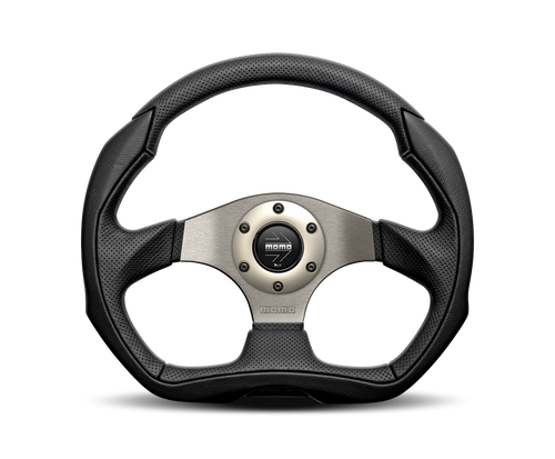 MOMO Street EAGLE 350mm Black Leather Racing Steering Wheel – Anthracite/Grey Centre, 40mm Dish – Sports Drift Track Car Wheel – MOMO Horn Button/Horn Push Included