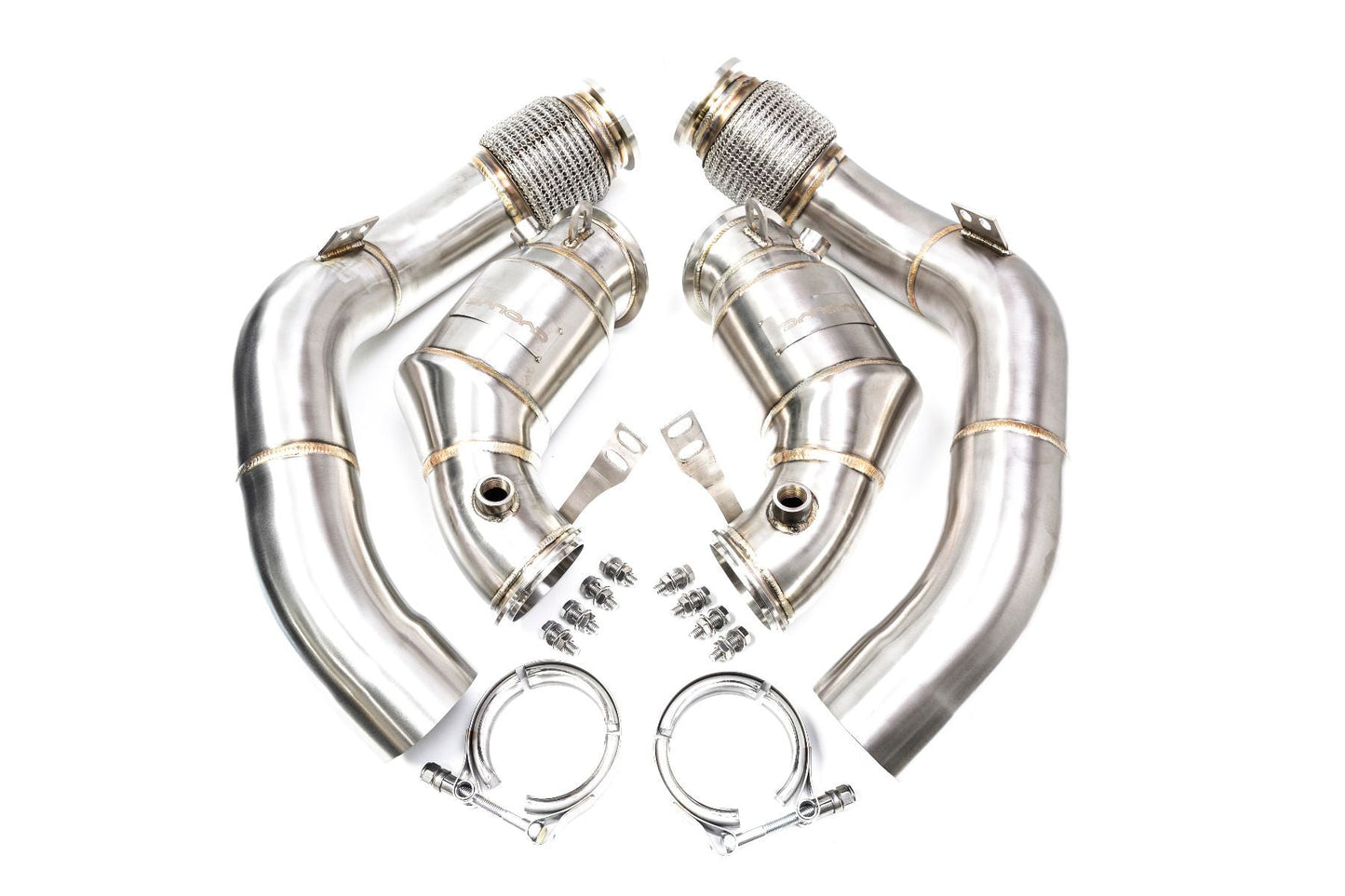 Evolve BMW M5/M8 S63 Catless Turbo Downpipes F90 F91 F92 F93 - T304 Stainless, 3in to 2.5in, Performance Decat, Up to 35 bhp/51 lb.ft, RHD/LHD Fitment, Direct Bolt-On