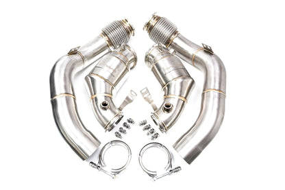 Evolve BMW M5/M8 S63 Catless Turbo Downpipes F90 F91 F92 F93 - T304 Stainless, 3in to 2.5in, Performance Decat, Up to 35 bhp/51 lb.ft, RHD/LHD Fitment, Direct Bolt-On