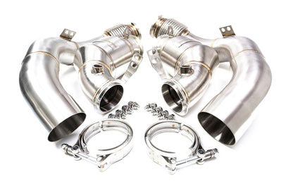 Evolve BMW M5/M8 S63 Catless Turbo Downpipes F90 F91 F92 F93 - T304 Stainless, 3in to 2.5in, Performance Decat, Up to 35 bhp/51 lb.ft, RHD/LHD Fitment, Direct Bolt-On
