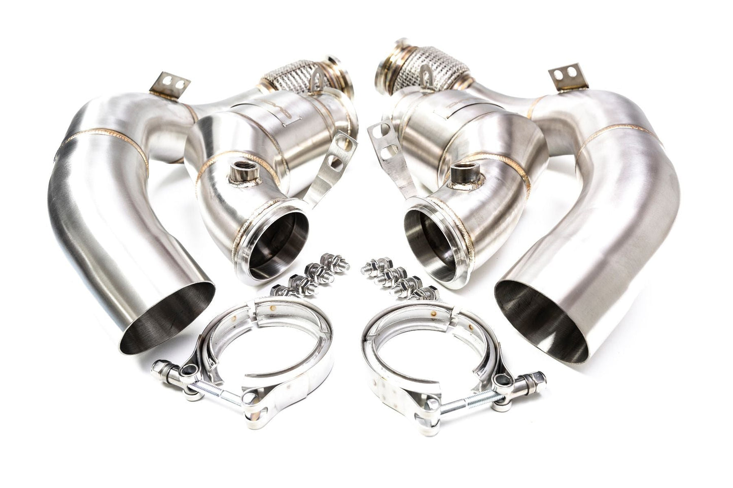Evolve BMW M5/M8 S63 Catless Turbo Downpipes F90 F91 F92 F93 - T304 Stainless, 3in to 2.5in, Performance Decat, Up to 35 bhp/51 lb.ft, RHD/LHD Fitment, Direct Bolt-On