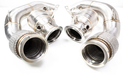 Evolve BMW M5/M8 S63 Catless Turbo Downpipes F90 F91 F92 F93 - T304 Stainless, 3in to 2.5in, Performance Decat, Up to 35 bhp/51 lb.ft, RHD/LHD Fitment, Direct Bolt-On