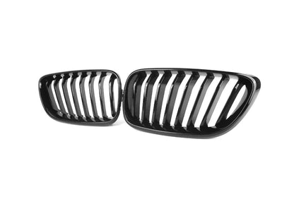BMW 2 Series/2er F22 Coupe 2014–2019 Black Front Kidney Grilles Pair – Single Slat/One-Bar Shadowline Chrome Delete Blackout Grill Set – M235i M240i – M Performance Style Blackline Radiator Grille Replacement