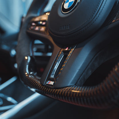 BMW Gxx 5,8,X3,X4,X5,X6,X7,M5,M8,X3M,X4M,X5M,X6M,X7M SERIES CARBON FIBRE / ALCANTARA LED FLAT BOTTOM STEERING WHEEL WITH HEATING