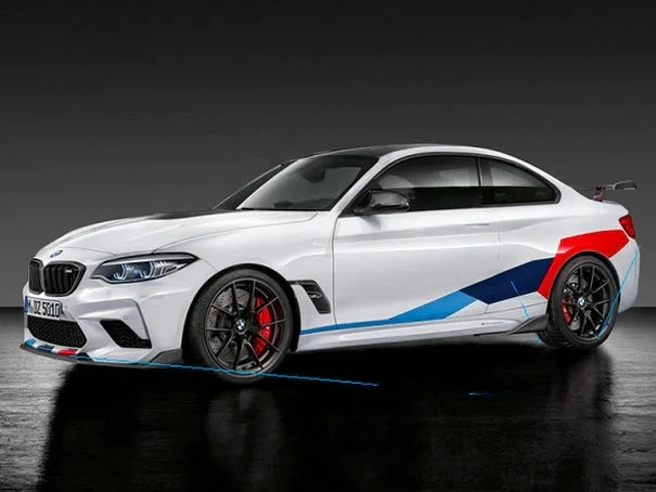 Genuine BMW M Performance F87 M2/M2 Competition M Motorsport Stripes Tri-Colour/Tri-Color Vinyl Decal & Sticker Pack | OEM Racing Stripe Livery Wrap Graphics Kit - Front, Rear & Side Skirt/Body Decals | 51142456835