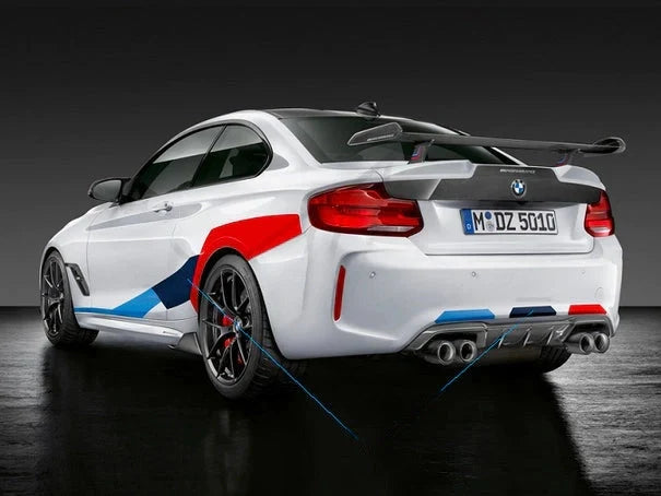 Genuine BMW M Performance F87 M2/M2 Competition M Motorsport Stripes Tri-Colour/Tri-Color Vinyl Decal & Sticker Pack | OEM Racing Stripe Livery Wrap Graphics Kit - Front, Rear & Side Skirt/Body Decals | 51142456835