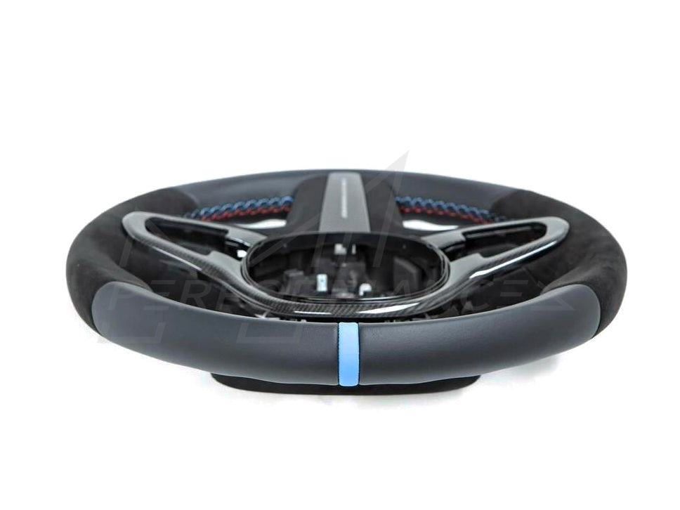 Genuine BMW M5 F90 M Performance Alcantara Suede Steering Wheel Upgrade Kit - Carbon Fibre (Carbon Fiber) Trim & Carbon Paddle Shifters, Blue 12 O'clock Centre (Center) Stripe - OEM OE Retrofit Replacement - Part 32302455277