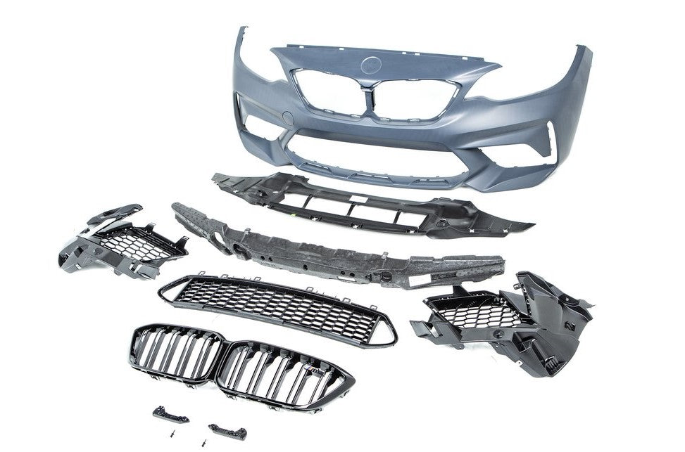 Genuine BMW M2 Competition F87 LCI Front Bumper Kit 2016-2020 - OEM Primed Front Fascia/Apron Cover/Shell with Kidney Grille, Lower Grilles, PDC Sensor Mounts, Tow Hook Flap & Undertray - Front End Conversion Replacement Nose Cone/Valance/Front Clip