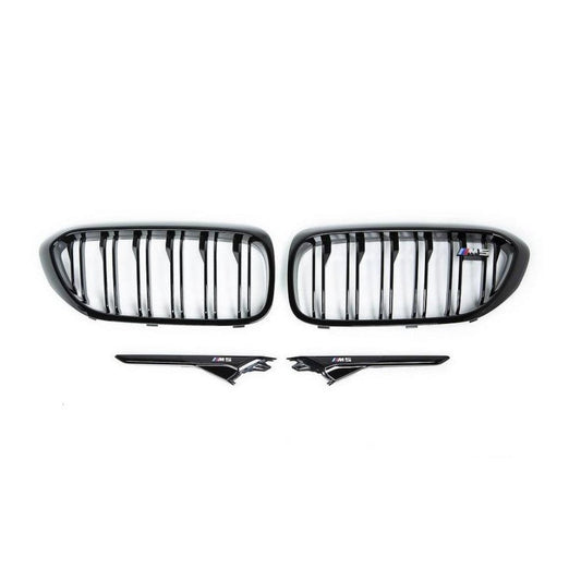 Genuine BMW F90 M5 High Gloss Black Kidney Grilles & Side/Wing Vents Set (2016-2019) | OEM Shadowline/Blackline Double Slat Front Grill/Grille + Fender/Side Gills | De-Chrome Black Pack Upgrade | Part 51132456162