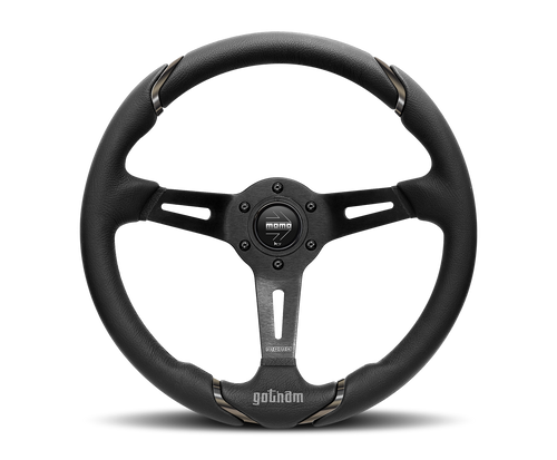 MOMO Steering Wheel – Street GOTHAM 350mm Deep Dish | Black Leather, Black Spokes, 70mm Dish | Racing/Sports/Drift Tuner Aftermarket Wheel | Horn Button Included