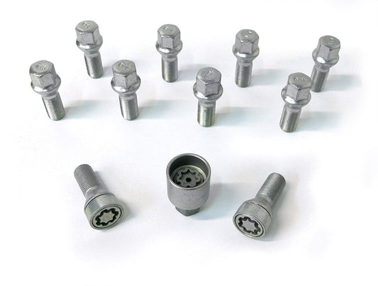 H&R BMW F/G Chassis Extended Wheel Bolts & Wheel Locks for 13/15/18mm Spacers - M14x1.25 43mm Conical Seat 17mm Hex - Silver - TÃœV Approved - Set of 10 (14254301SET)