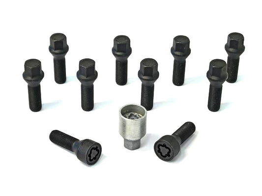H&R Extended Length Wheel/Lug Bolts + Locking Bolts for BMW E-Chassis (E36 E46 E82 E87 E90 E91 E92) - For Spacers 15mm/18mm/20mm - M12 x 1.5 43mm Cone Seat 17mm Hex - Black, TUV Approved, Made in Germany - Security Wheel Lock Set + Key - B1254301SET