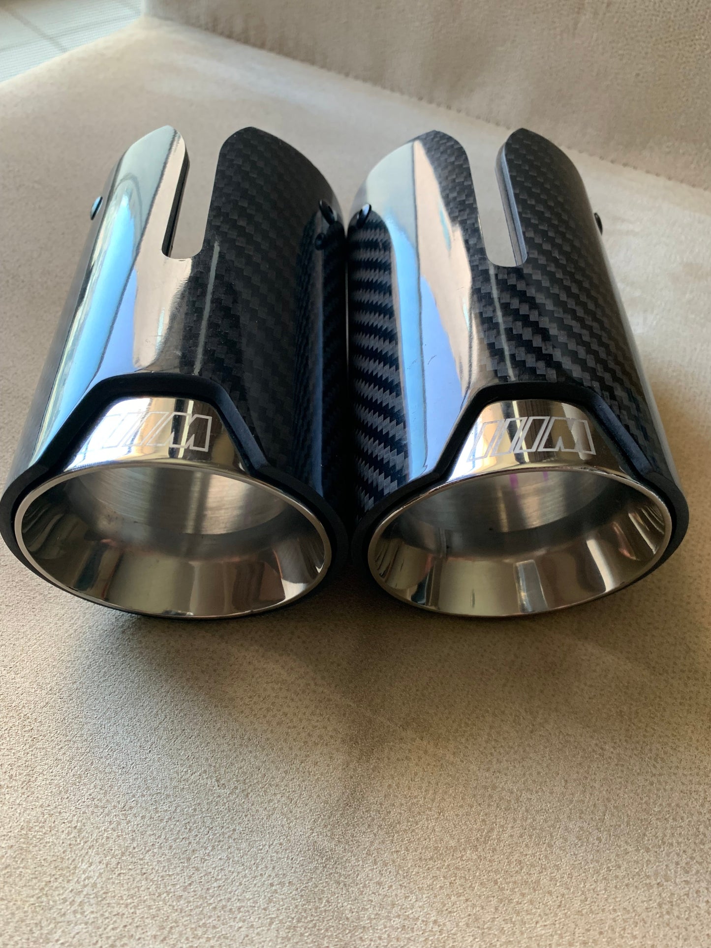 Pair Silver Chrome-Look Same-Side Twin Exit Exhaust Tips / Tailpipe Trims for BMW F-Series F20 F21 F22 F23 F30 F31 F34 F32 F33 F36 (2011-2019) | OEM-Style Muffler Tip Finishers | Clip-On Direct Fit Using Factory Pins | 1 2 3 4 Series