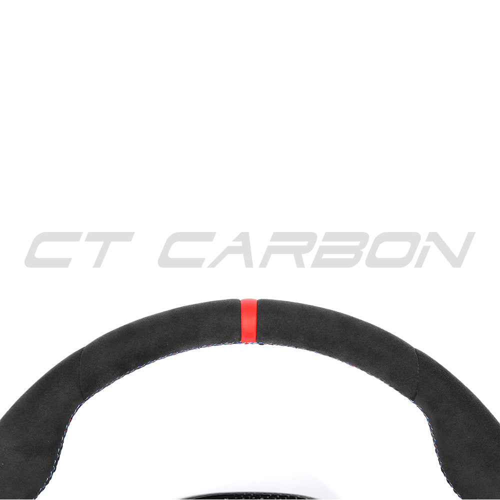 BMW G-Series LCI Look Alcantara Suede Flat Bottom D-Shape D-Cut Carbon Fibre Custom Steering Wheel - OEM Style Retrofit Replacement Rim for 3 Series G20/G80, 4 Series G22/G82, M3/M4, 5 Series G30 - Performance Sport/Racing