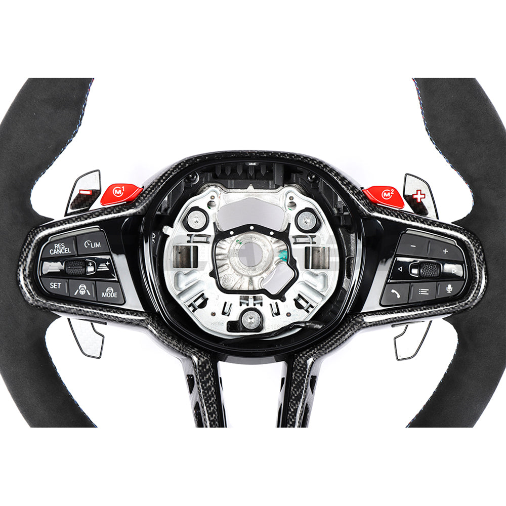 BMW G-Series LCI Look Alcantara Suede Flat Bottom D-Shape D-Cut Carbon Fibre Custom Steering Wheel - OEM Style Retrofit Replacement Rim for 3 Series G20/G80, 4 Series G22/G82, M3/M4, 5 Series G30 - Performance Sport/Racing