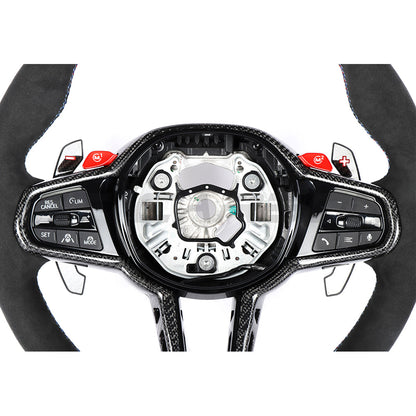 BMW G-Series LCI Look Alcantara Suede Flat Bottom D-Shape D-Cut Carbon Fibre Custom Steering Wheel - OEM Style Retrofit Replacement Rim for 3 Series G20/G80, 4 Series G22/G82, M3/M4, 5 Series G30 - Performance Sport/Racing