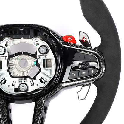 BMW G-Series LCI Look Alcantara Suede Flat Bottom D-Shape D-Cut Carbon Fibre Custom Steering Wheel - OEM Style Retrofit Replacement Rim for 3 Series G20/G80, 4 Series G22/G82, M3/M4, 5 Series G30 - Performance Sport/Racing