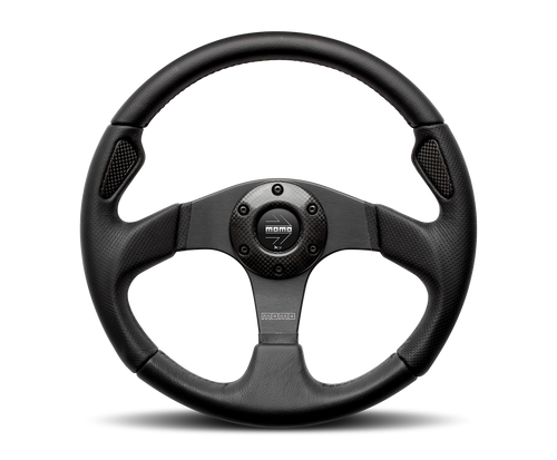 MOMO Street JET Black Leather Sports/Racing Steering Wheel 320mm/350mm, 42mm/46mm Dish, Black Spokes - Drift, Track Day, Tuner Aftermarket Car Wheel - Small Diameter