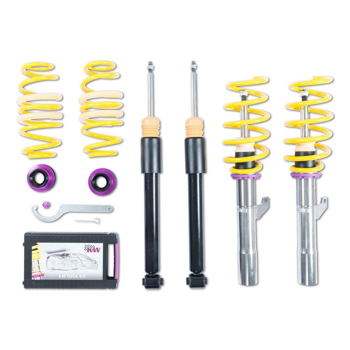 KW Variant 2 (V2) inox-line Coilover Suspension Kit for BMW F20 F21 F22 F30 F32 1/2/3/4 Series – Height Adjustable, 16-Click Rebound – Stainless Steel Lowering Coilovers – EDC Cancel/Delete Module Included – 1522000E