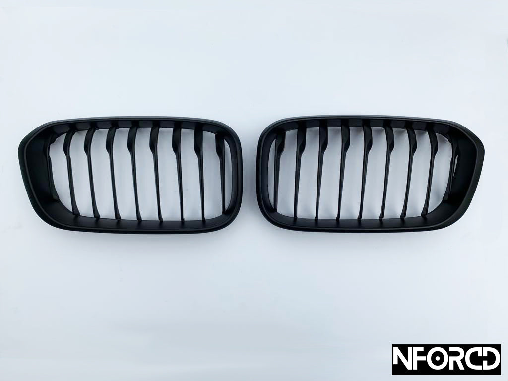BMW 1 Series F20 F21 LCI Facelift 2015-2019 Matte Black Front Kidney/Radiator Grilles/Grills - Shadowline Chrome Delete De-Chrome Black Pack OEM Style Replacement Set for 116i 118i 120i 125i M135i M140i