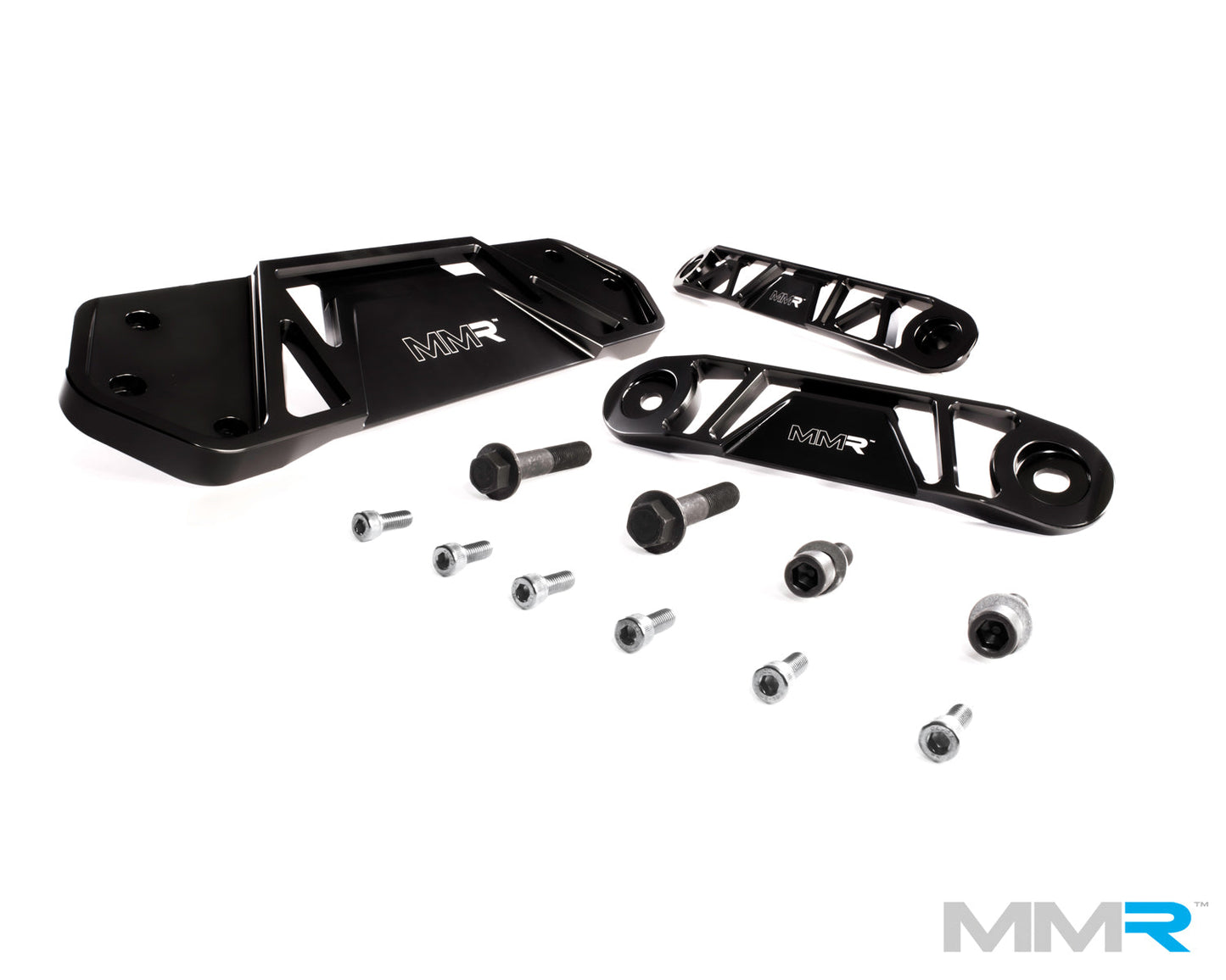 MMR Underbody Chassis Brace Kit (Set of 3) for Mini F56 Hatch, F55 5-Door & F54 Clubman (Cooper, Cooper S, JCW, 2013+)  Front, Centre Tunnel & Rear  T-6061 Billet Aluminium, Gloss Black, Bolt-On