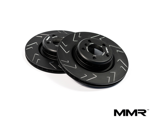 MMR Rear Brake Discs/Rotors 345mm x 24mm (345x24) - Slotted Grooved, High-Carbon Two-Piece - BMW 1 2 3 4 Series F20 F21 F22 F23 F30 F31 F32 F33 (F2x/F3x) - M Sport/M Performance Blue Caliper Upgrade - Pair, ECE R90, Track-Day Fast Road Replacement