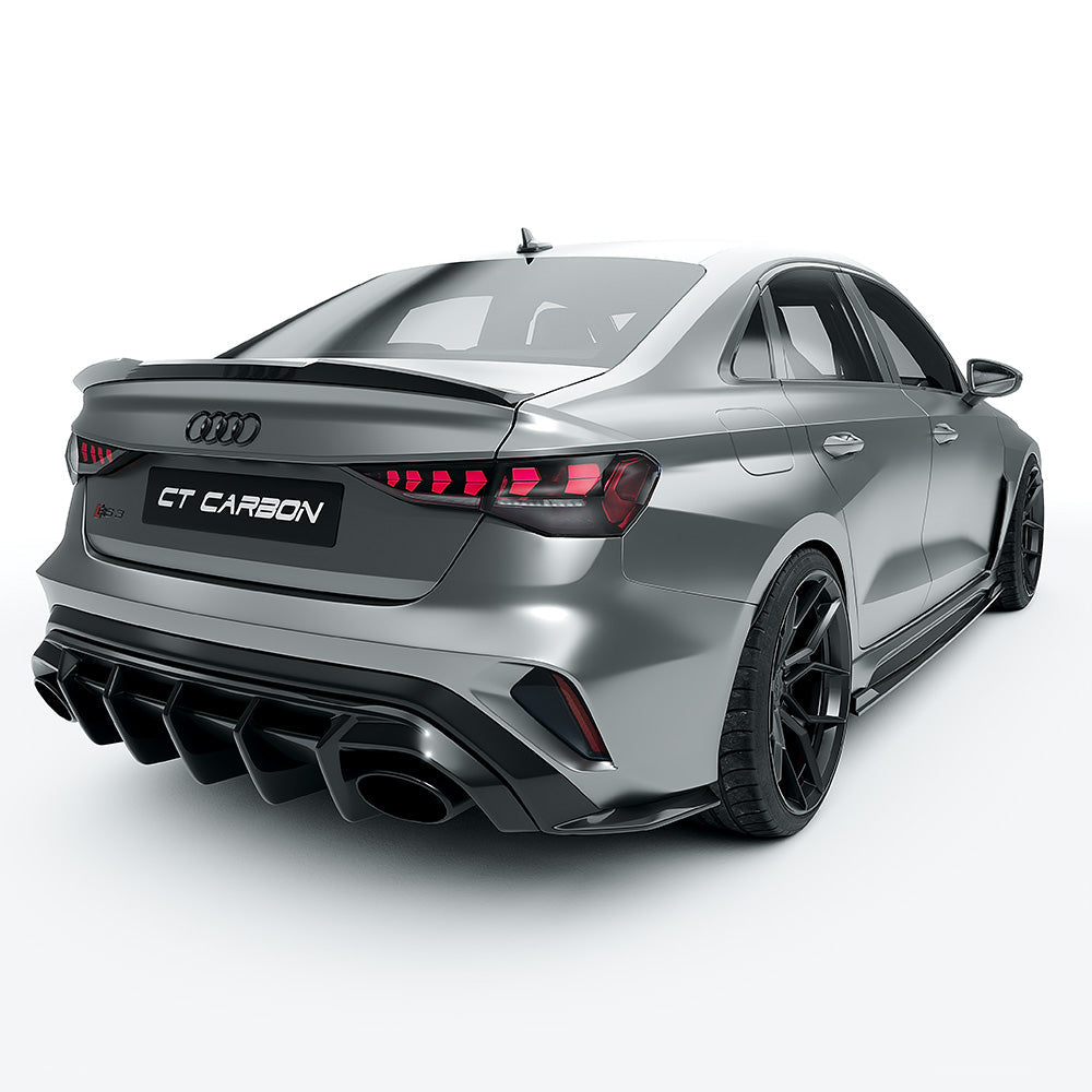 Audi RS3 8Y Facelift Saloon/Sedan Full Carbon Fibre Body Kit – Front Lip Splitter, Side Skirts, Rear Diffuser/Valance, Roof Spoiler, Boot/Trunk Lip – Pre-Preg Dry Carbon Aero Styling Pack 2024+ | CT Design