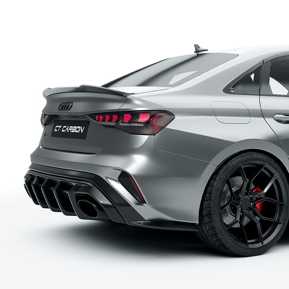 Audi RS3 8Y Facelift Saloon/Sedan Full Carbon Fibre Body Kit – Front Lip Splitter, Side Skirts, Rear Diffuser/Valance, Roof Spoiler, Boot/Trunk Lip – Pre-Preg Dry Carbon Aero Styling Pack 2024+ | CT Design