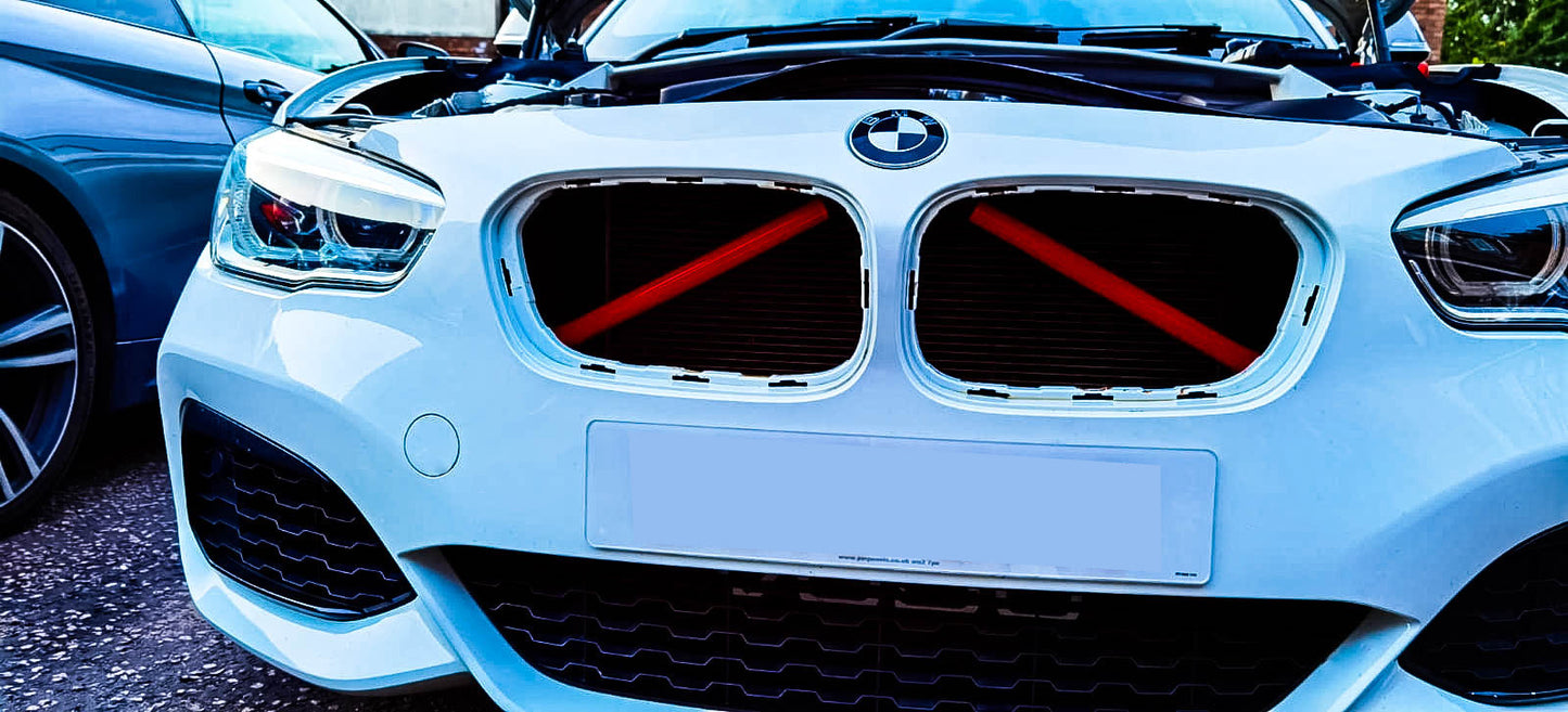 Light-Reactive Red V-Brace Wrap Sticker for BMW – Reflective Glow Front Crash Bar / Grille/Grill Bar Vinyl Decal Overlay Kit (2 Strips) | Kidney Grille Accent | Engine Bay Front Brace Cover | V-Bar Sticker | Slam Panel Accent | Radiator Support Wrap