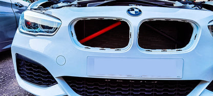 Light-Reactive Red V-Brace Wrap Sticker for BMW – Reflective Glow Front Crash Bar / Grille/Grill Bar Vinyl Decal Overlay Kit (2 Strips) | Kidney Grille Accent | Engine Bay Front Brace Cover | V-Bar Sticker | Slam Panel Accent | Radiator Support Wrap