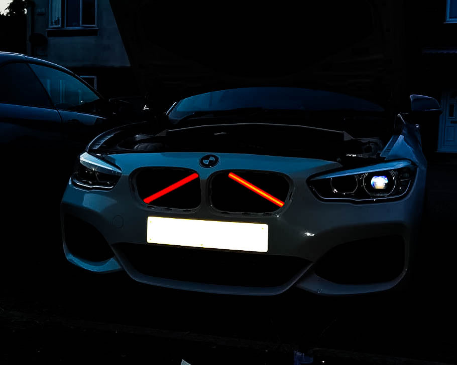 Light-Reactive Red V-Brace Wrap Sticker for BMW – Reflective Glow Front Crash Bar / Grille/Grill Bar Vinyl Decal Overlay Kit (2 Strips) | Kidney Grille Accent | Engine Bay Front Brace Cover | V-Bar Sticker | Slam Panel Accent | Radiator Support Wrap