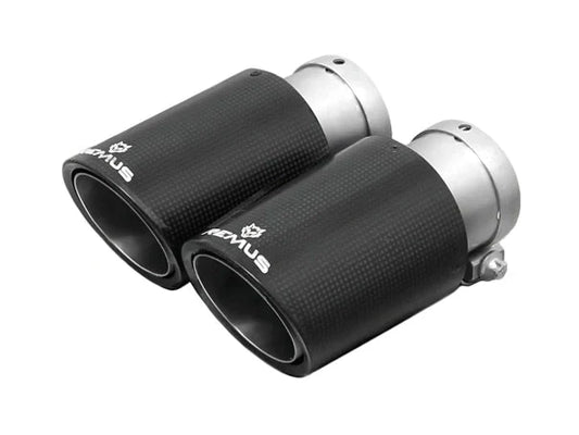 Remus Exhaust Tips Tailpipe Trims Pair, Clamp-On Dual Exit - BMW 3 Series 320i 325i 330i 340i (E30 E46 F30 F31), 4 Series 440i (F32 F33 F36) - Audi A3 8V & Q3 - Stainless/Carbon/Black Chrome - 84mm 90mm Rolled Edge Straight Cut