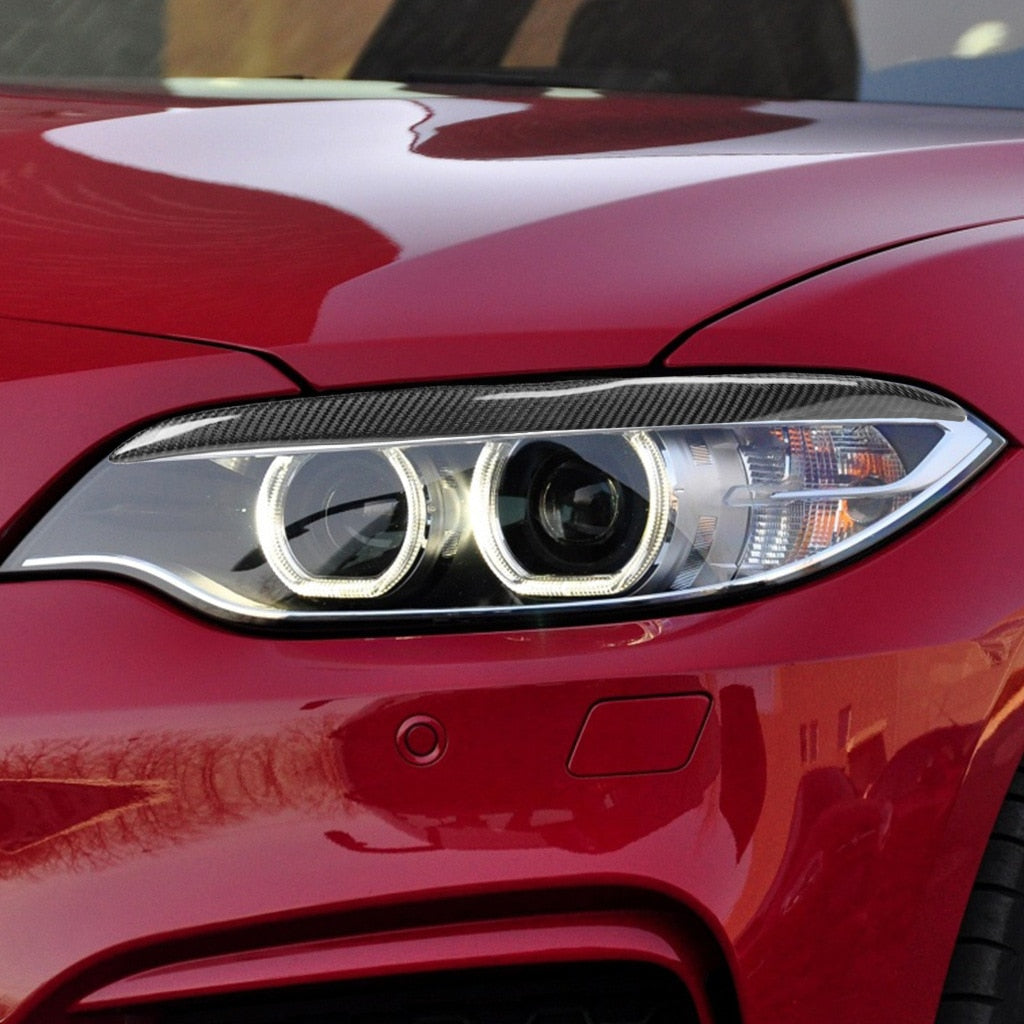BMW 2 Series (F22 F23 F87 M2) 2014-2019 Real Carbon Fibre/Fiber Headlight Eyebrows Eyelids - Headlamp Brow Trim Overlay Covers - Carbon Light Brow Lamp Garnish Eyelid Spoiler - Fits 220i 228i M235i M240i Coupe Convertible