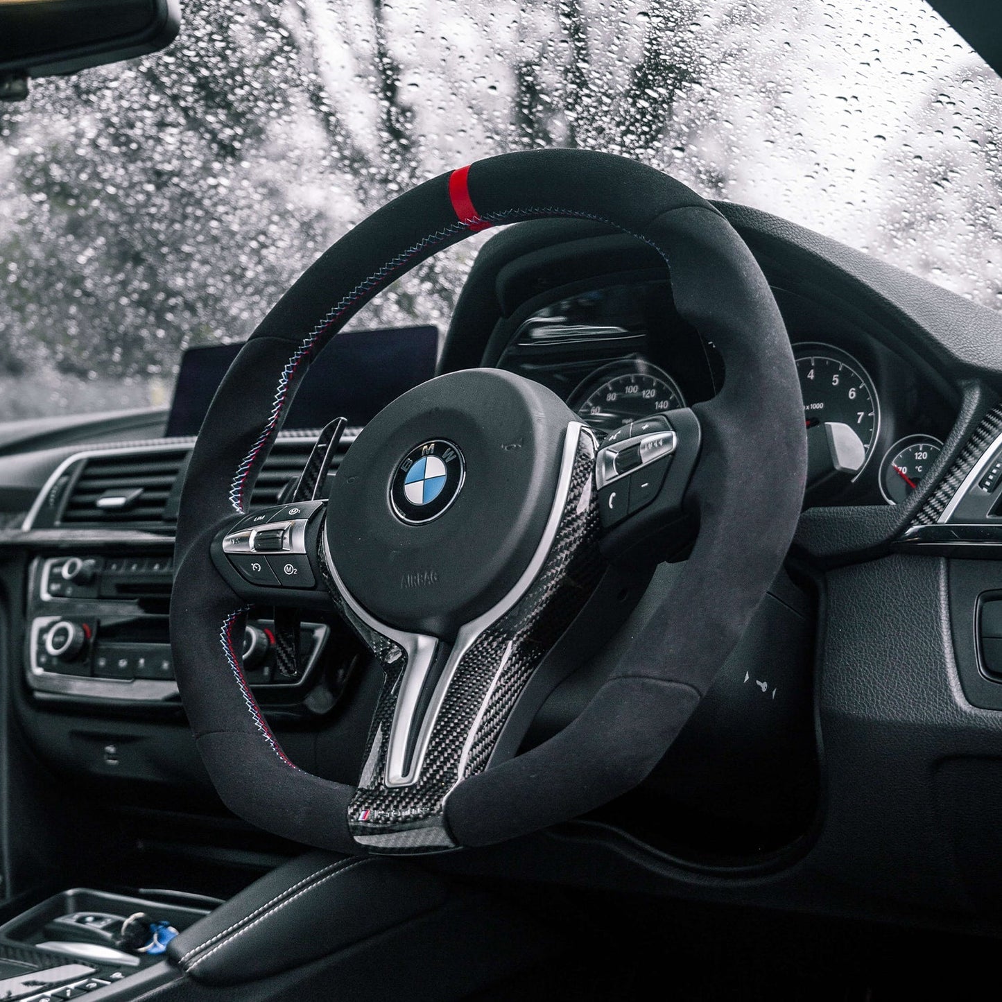 SHFT BMW F Series Flat Bottom Steering Wheel In Alcantara With Red Stripe