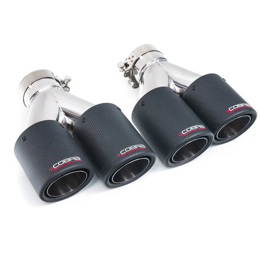 Carbon Fibre/Fiber Exhaust Tips Pair for Audi TT Mk2 8J (2007-2011) - Quad Exit Tailpipe Ends 3.5 inch (88.9mm), Rolled Edge Slash Cut Twin Outlet - Cobra Sport Compatible Finishers for 1.8 TFSI / 2.0 TFSI - 2.5 inch inlet (63.5mm)