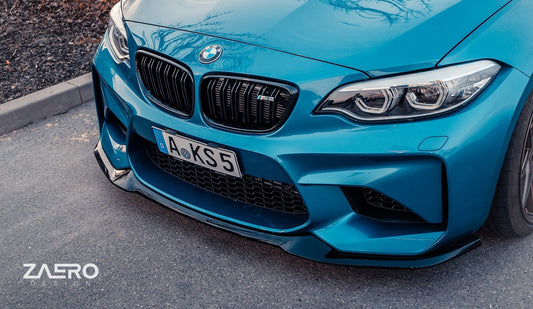 Zaero Design EVO-S Front Lip Splitter for BMW M2 F87 N55 (2015–2018 incl. LCI) – Gloss Black ABS Front Bumper Lip Spoiler / Chin Spoiler / Air Dam – OEM+ CS Style, Winglet-Free Front Apron & Lower Valance