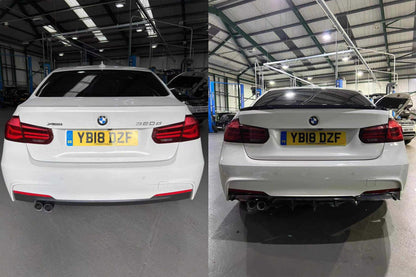 BMW 3 Series F30 F31 M Sport Rear Diffuser Valance Gloss Black 2012-2019 - Rear Bumper Trim/Apron Insert Splitter, Lower Bumper Lip, M Performance Style - Saloon/Sedan & Touring/Estate - Single or Dual Exhaust - UK Stock