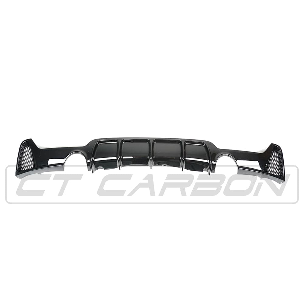 BMW 4 Series F32 F33 F36 Rear Diffuser / Valance / Bumper Insert, Twin Outlet Dual Exit Exhaust Surround, Gloss Piano Black, 2013–2020 Gran Coupe/Coupe/Convertible, OEM+ Shadowline/M Sport Style Rear Splitter – BLAK by CT Carbon