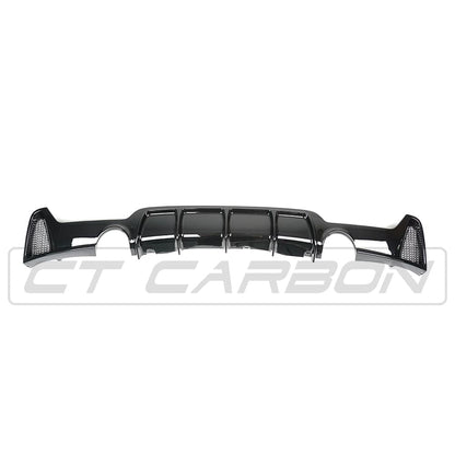 BMW 4 Series F32 F33 F36 Rear Diffuser / Valance / Bumper Insert, Twin Outlet Dual Exit Exhaust Surround, Gloss Piano Black, 2013–2020 Gran Coupe/Coupe/Convertible, OEM+ Shadowline/M Sport Style Rear Splitter – BLAK by CT Carbon