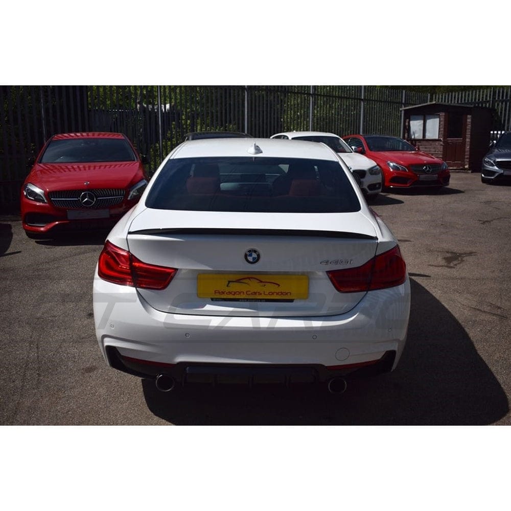 BMW 4 Series F32 F33 F36 Rear Diffuser / Valance / Bumper Insert, Twin Outlet Dual Exit Exhaust Surround, Gloss Piano Black, 2013–2020 Gran Coupe/Coupe/Convertible, OEM+ Shadowline/M Sport Style Rear Splitter – BLAK by CT Carbon