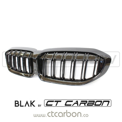 BMW 3 Series G20/G21 Kidney Grille/Grill Black Shadowline Style Front Radiator Grilles, Pre-LCI 2018-2022, OEM-Style ABS Direct Replacement, Dechrome Sport Upgrade, M Sport Look for Saloon & Touring - BLAK by CT Carbon