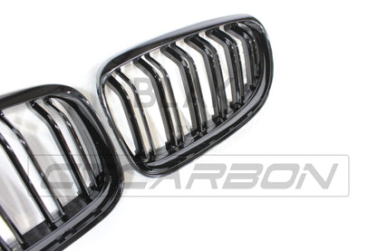BMW 3 Series E90 E91 LCI 2008-2011 Black Kidney Grilles Pair - M-Style Double/Twin Slat Front Grill Replacement Set for Facelift Saloon/Touring/Estate - Shadowline De-Chrome ABS - CT Carbon