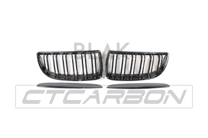 BMW 3 Series E90 E91 Pre-LCI Kidney Grilles (Double Slat) - Black M Style Front Grill Set, Pre-Facelift 2005-2008 Saloon/Sedan & Estate/Touring - Shadowline De-Chrome Replacement - BLAK by CT Carbon