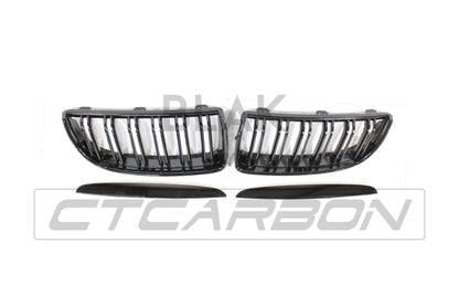 BMW E90 E91 3 Series 2005-2008 Pre-LCI/Pre-Facelift Black Kidney Grilles - Twin/Double Slat M-Style Front Grill Set | Shadowline Chrome Delete Replacement | BLAK by CT Carbon