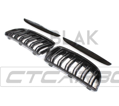 BMW 3 Series E90 E91 Pre-LCI Kidney Grilles (Double Slat) - Black M Style Front Grill Set, Pre-Facelift 2005-2008 Saloon/Sedan & Estate/Touring - Shadowline De-Chrome Replacement - BLAK by CT Carbon