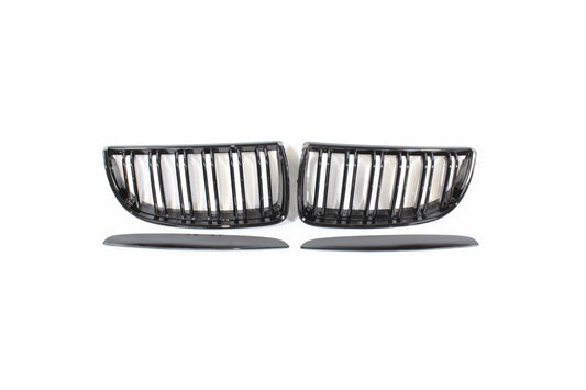 BMW 3 Series E90 E91 Pre-LCI Kidney Grilles (Double Slat) - Black M Style Front Grill Set, Pre-Facelift 2005-2008 Saloon/Sedan & Estate/Touring - Shadowline De-Chrome Replacement - BLAK by CT Carbon